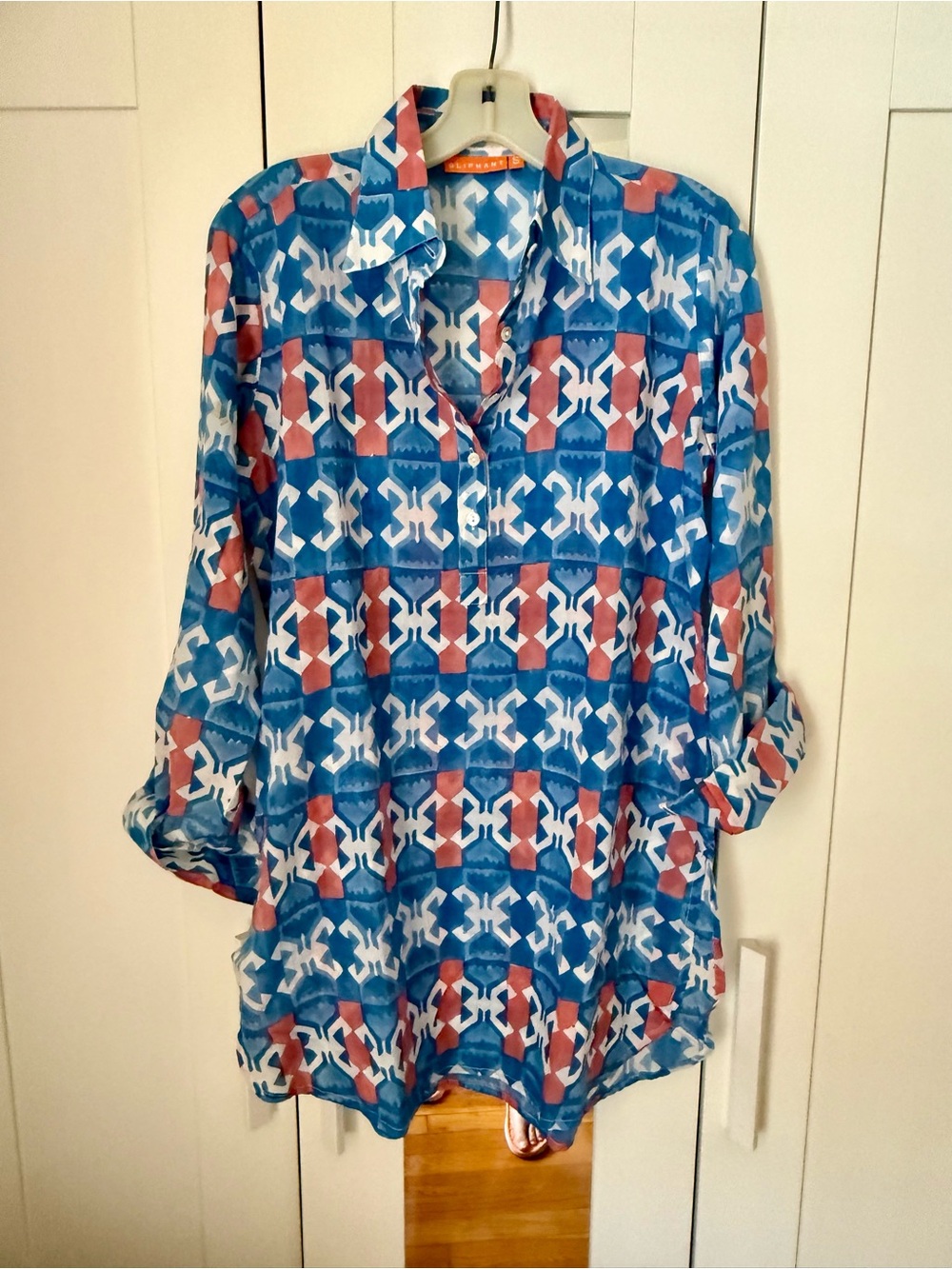 Oliphant Blue and Coral Geometric Button-Front Tunic